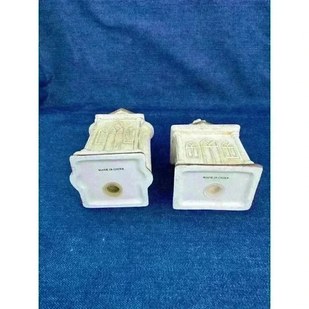 Vintage‎ Church Temple Religion Ceramic Salt & Pepper Shakers With Stand